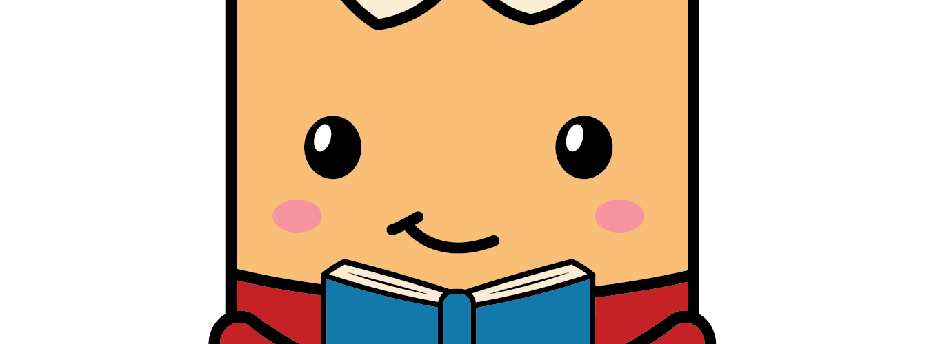 Pencil mascot in red shirt holding a blue book.